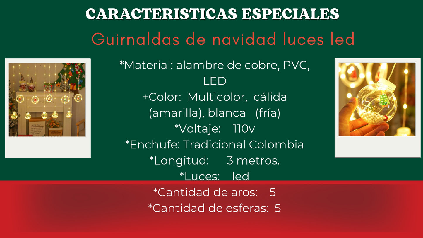 guirnalda de nacidad Luces Led, longitud 3 mts, luces Led, cantidad Aros 5, cantidad Esferas 5