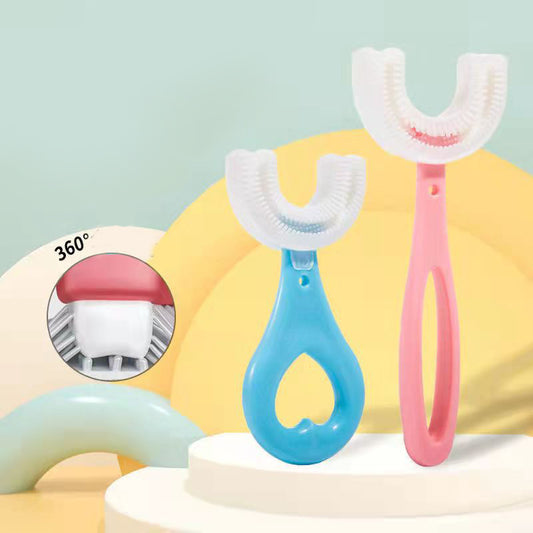 🦷CEPILLO EN SILICONA  EN FORMA DE  U🎈 3 x 1🎁ROSADOS